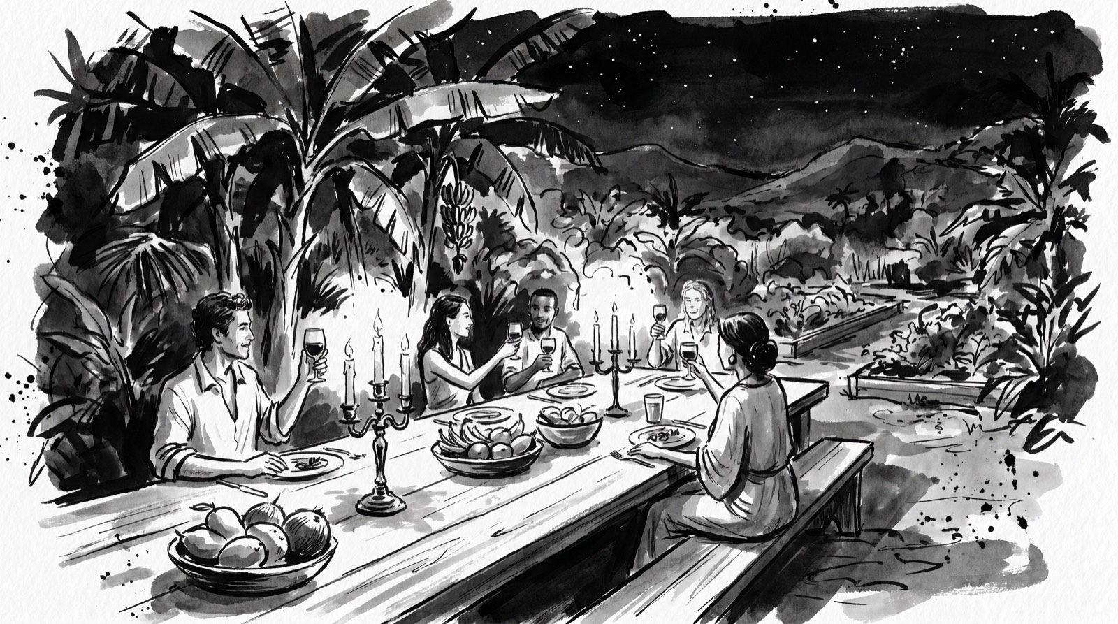 Ink illustration of farm-to-table dining
