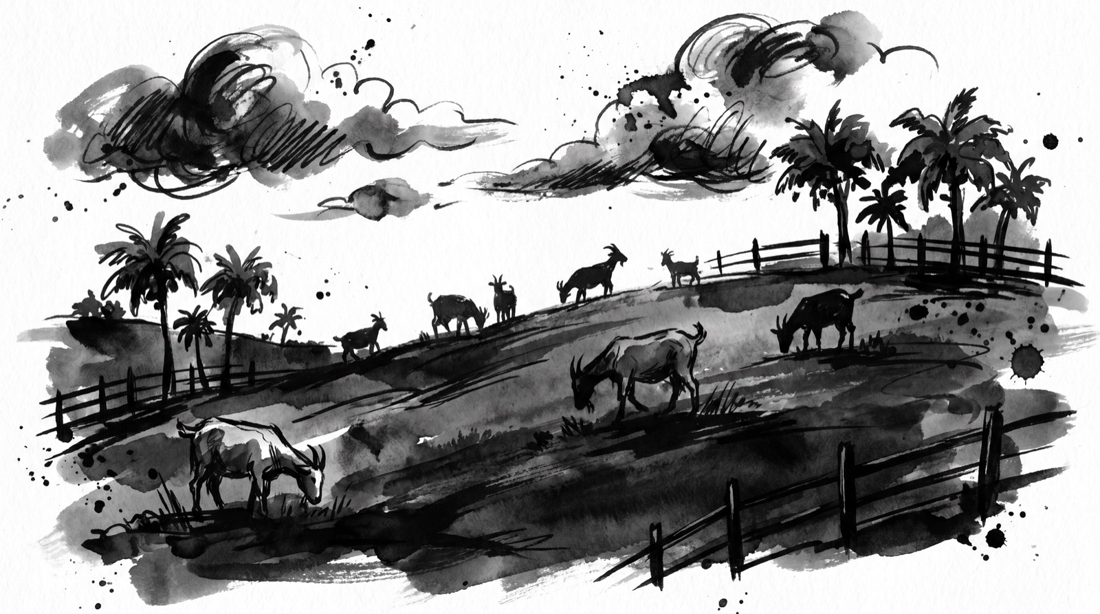 Ink illustration of goats on a hillside