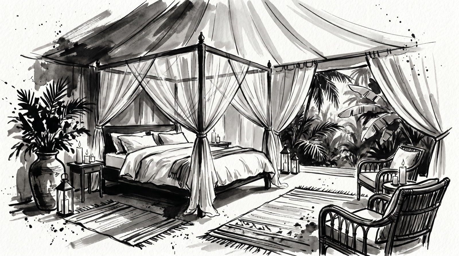 Ink illustration of a glamping interior